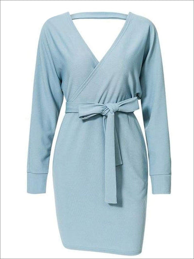 Womens Fall Knit Fashion Wrap Sweater Dress - Blue / S - Womens Fall Dresses