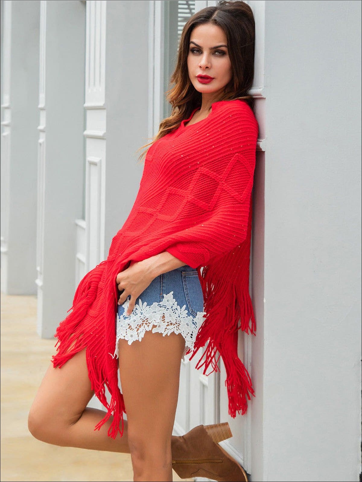 Womens Fall Knit Fringe Poncho - Womens Fall Sweaters