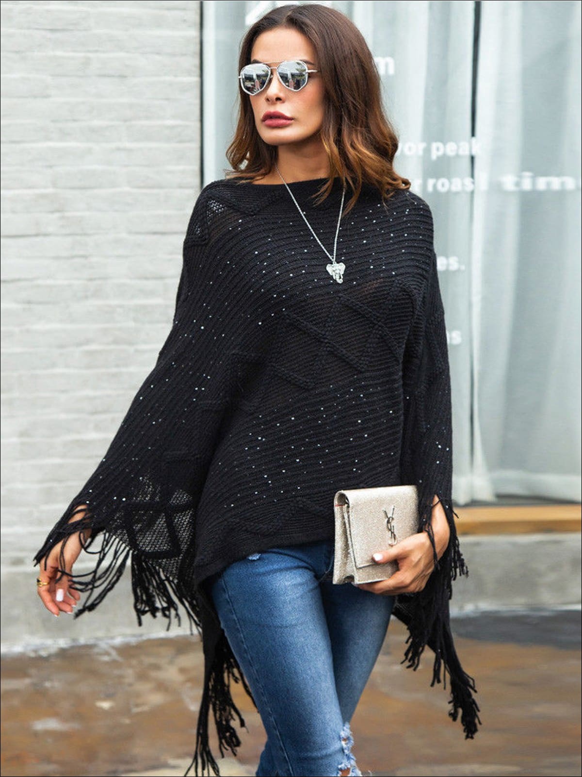 Womens Fall Knit Fringe Poncho - Black / S - Womens Fall Sweaters