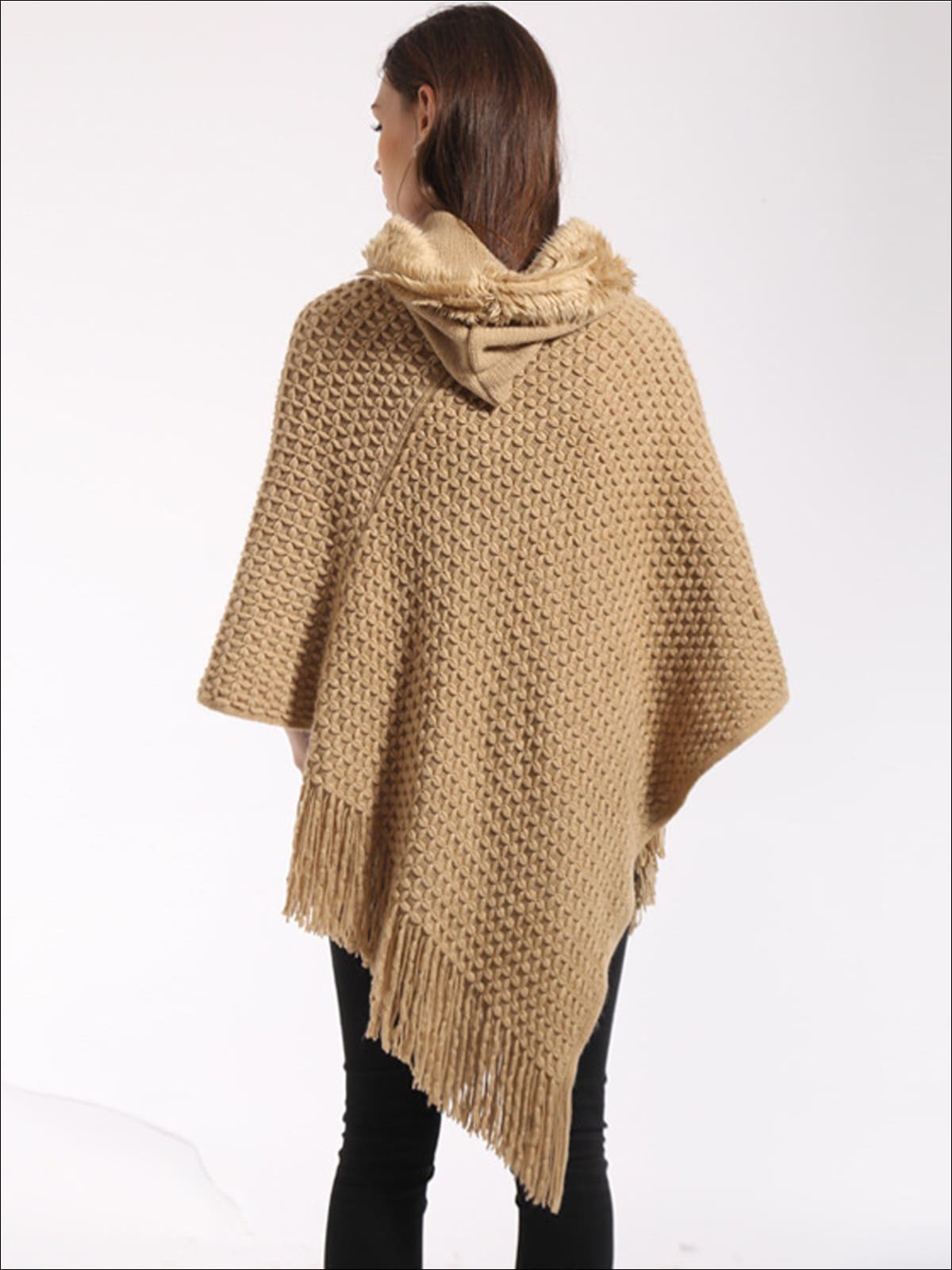 Womens Fall Knit Hooded Fringe Poncho - Womens Fall Sweaters