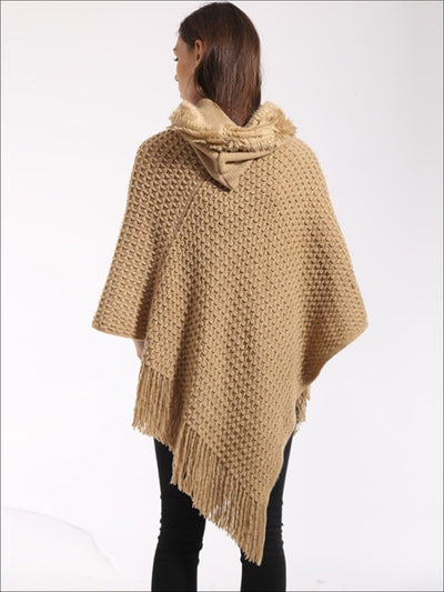 Womens Fall Knit Hooded Fringe Poncho - Womens Fall Sweaters