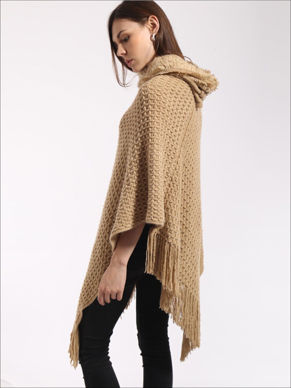 Womens Fall Knit Hooded Fringe Poncho - Womens Fall Sweaters