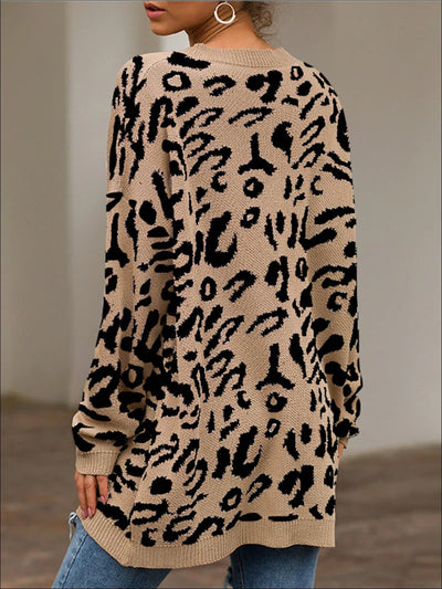Womens Fall Knitted Leopard Print Pullover Sweater - Womens Fall Sweaters