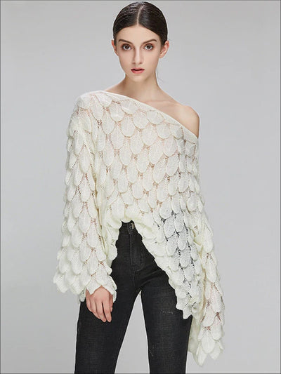 Womens Fall Macrame Over-Sized Pullover Sweater - White / One - Womens Fall Sweaters