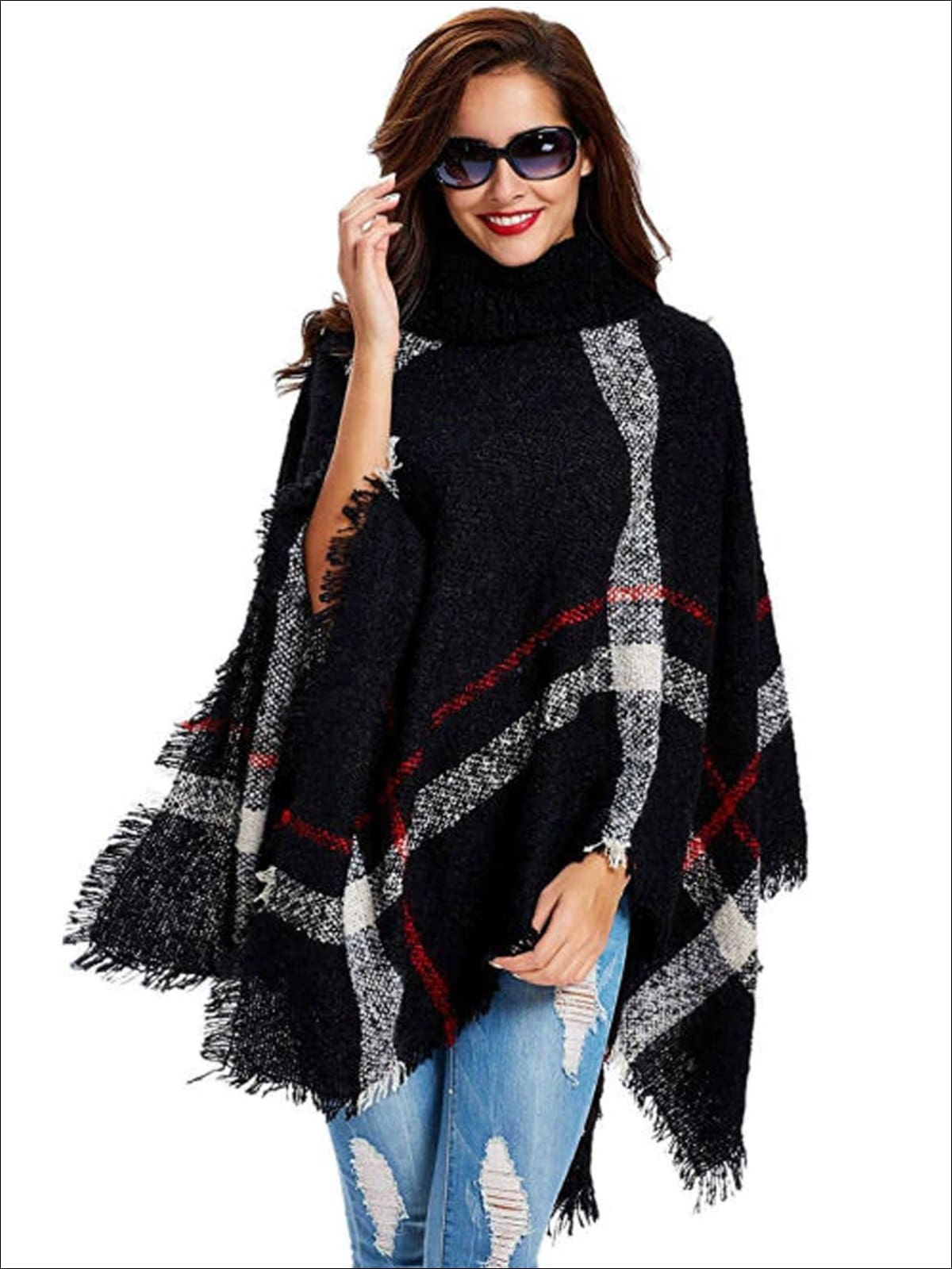 Womens Fall Plaid Turtleneck Fringe Poncho - Womens Fall Outerwear