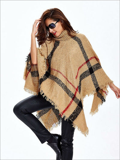 Womens Fall Plaid Turtleneck Fringe Poncho - Womens Fall Outerwear