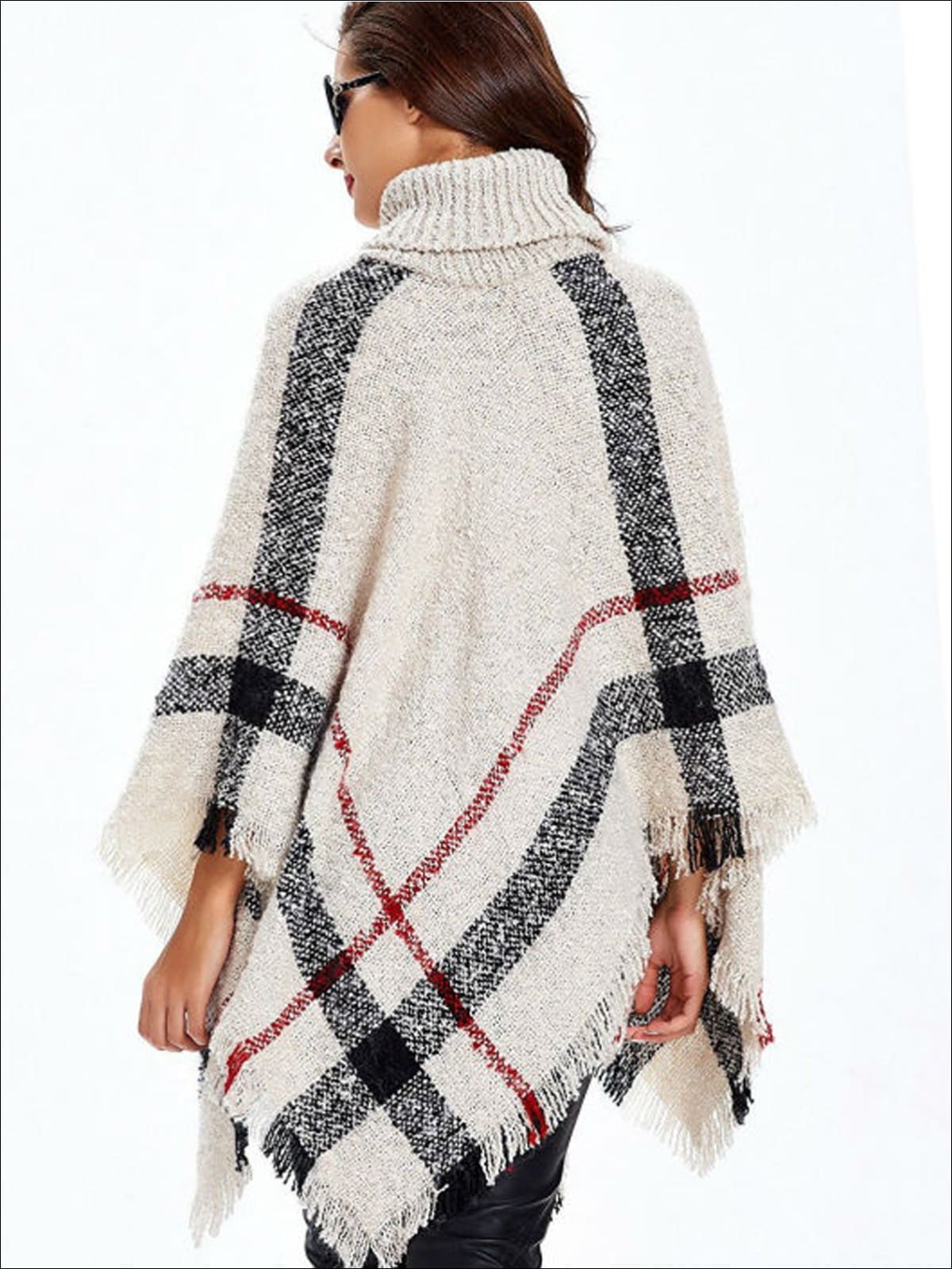 Womens Fall Plaid Turtleneck Fringe Poncho - Womens Fall Outerwear