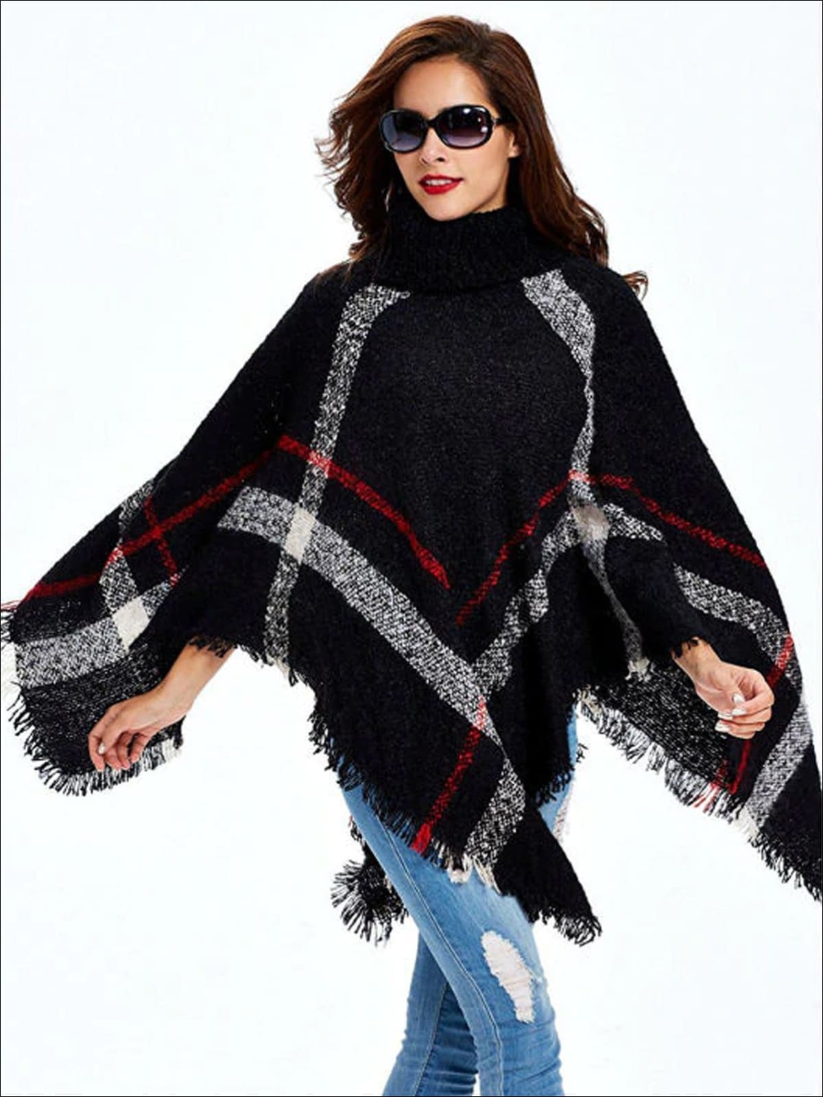 Womens Fall Plaid Turtleneck Fringe Poncho - Black / One - Womens Fall Outerwear