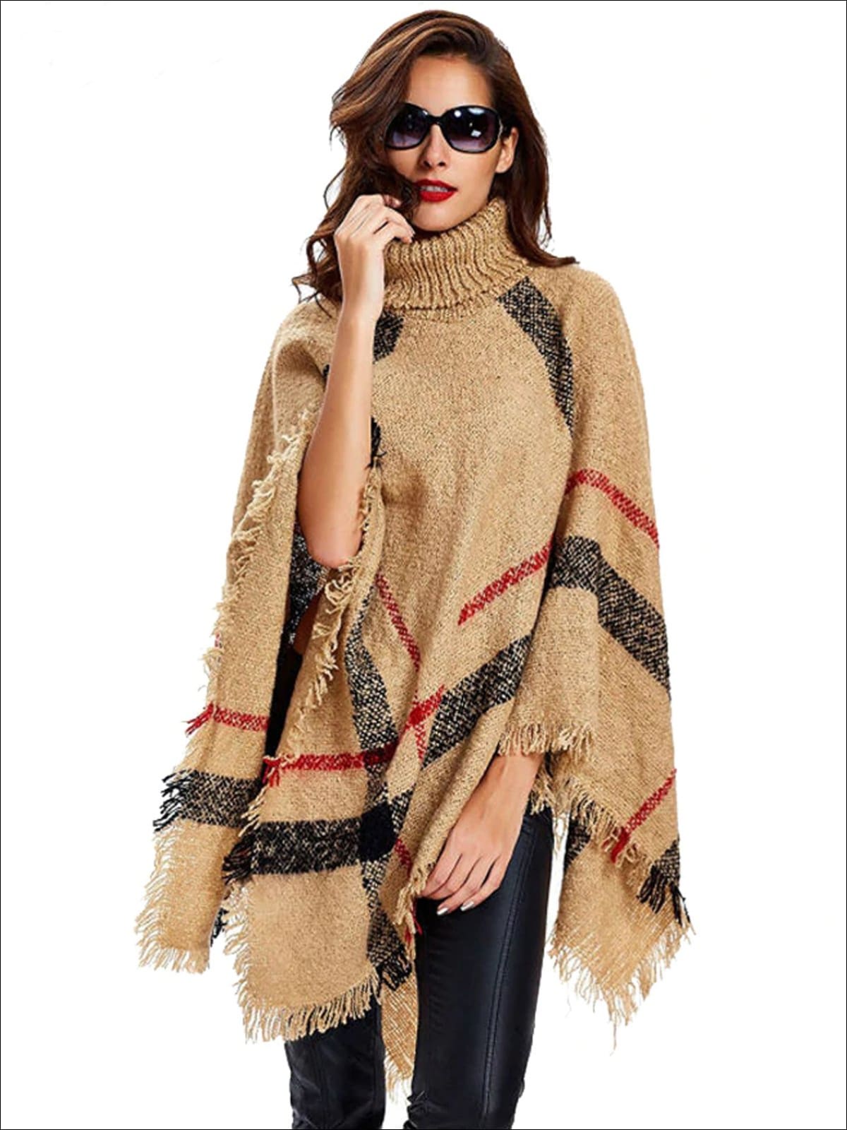 Womens Fall Plaid Turtleneck Fringe Poncho - Khaki / One - Womens Fall Outerwear