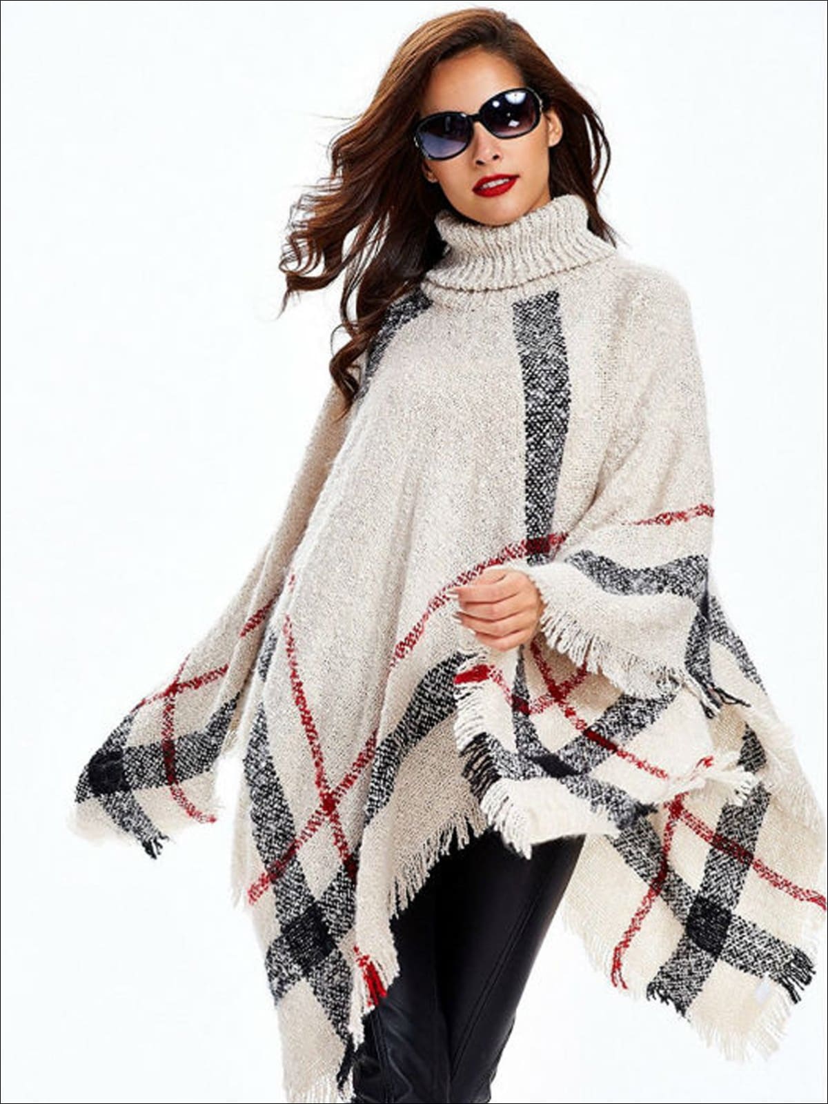 Womens Fall Plaid Turtleneck Fringe Poncho - White / One - Womens Fall Outerwear