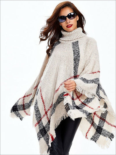 Womens Fall Plaid Turtleneck Fringe Poncho - White / One - Womens Fall Outerwear