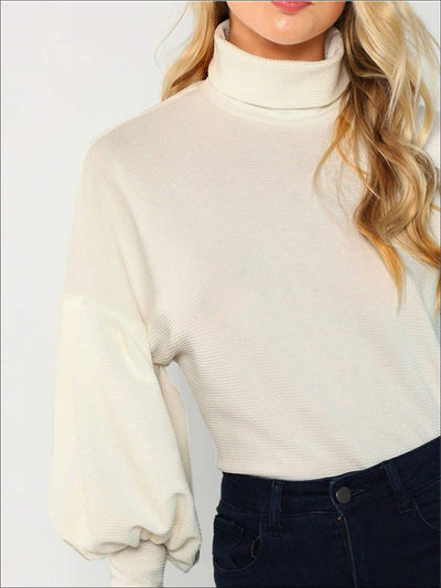 Womens Fall Puffy Sleeve Turtleneck Sweater - Womens Fall Sweaters