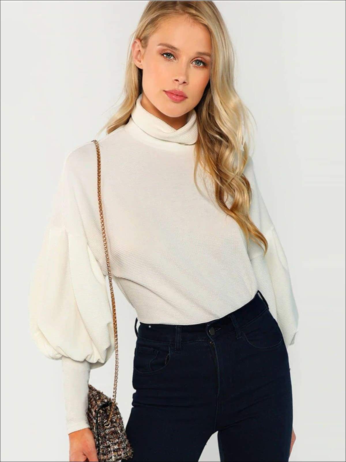 Womens Fall Puffy Sleeve Turtleneck Sweater - White / XS - Womens Fall Sweaters