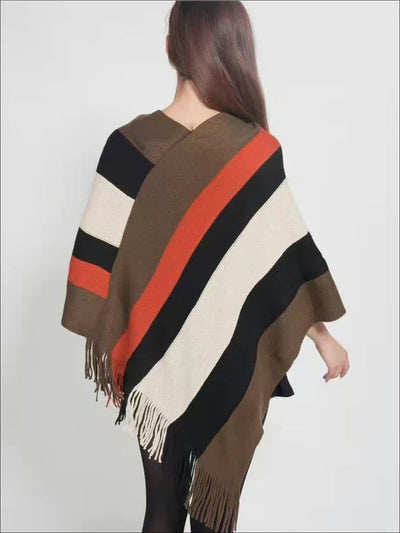 Womens Fall Striped Fringe Poncho - Womens Fall Outerwear