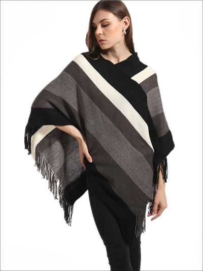 Womens Fall Striped Fringe Poncho - Womens Fall Outerwear
