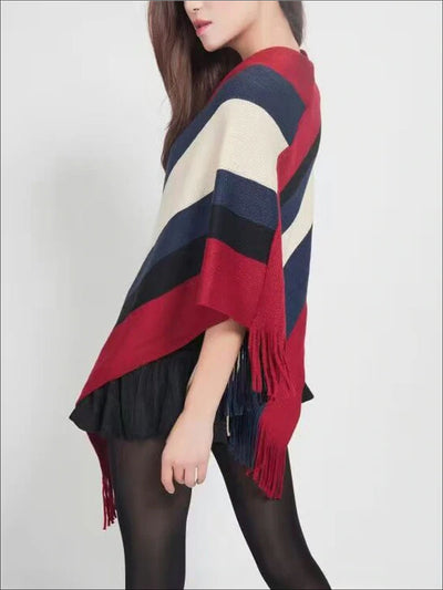 Womens Fall Striped Fringe Poncho - Womens Fall Outerwear