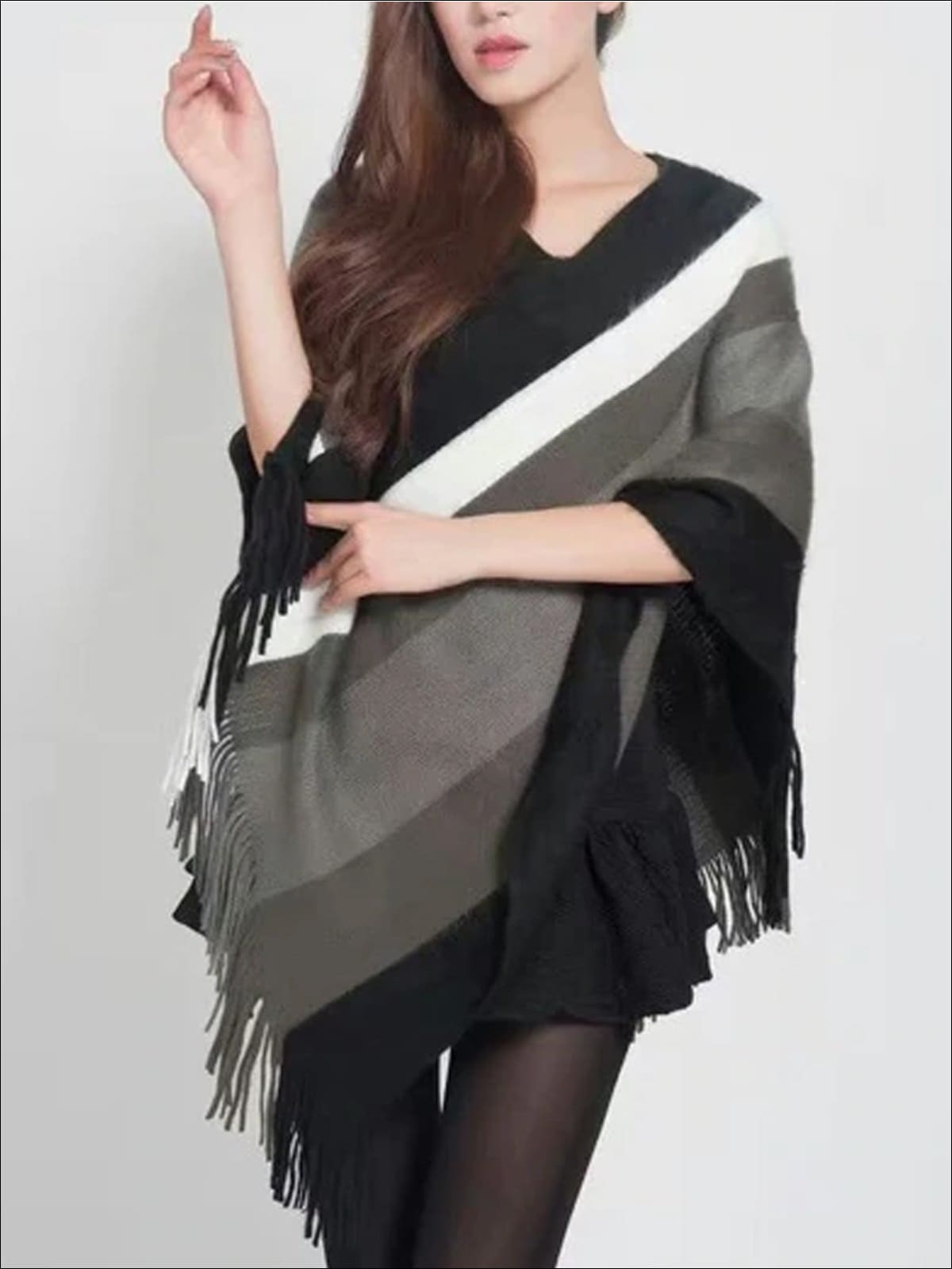 Womens Fall Striped Fringe Poncho - Black / One - Womens Fall Outerwear