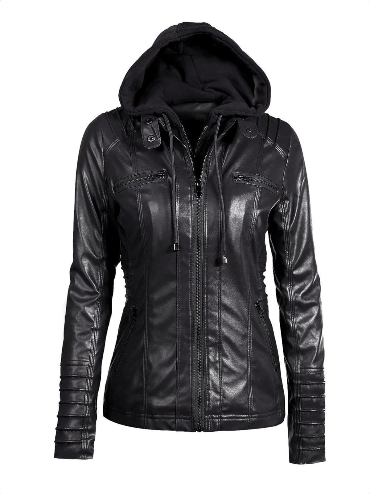 Womens Fall Synthetic Leather Hooded Moto Jacket - Black / S - Womens Fall Outerwear