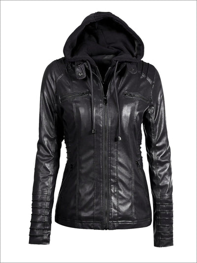 Womens Fall Synthetic Leather Hooded Moto Jacket - Black / S - Womens Fall Outerwear