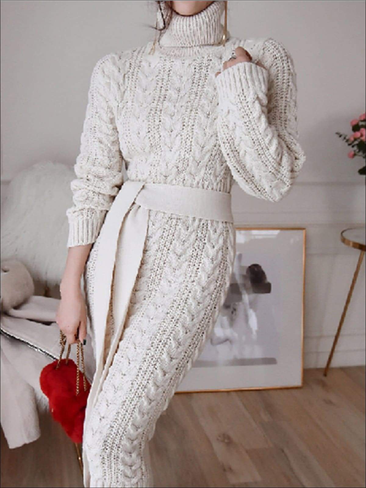 Womens Fashion Cable Knit Bodycon Sweater Dress - Beige / One Size - Womens Fall Dresses