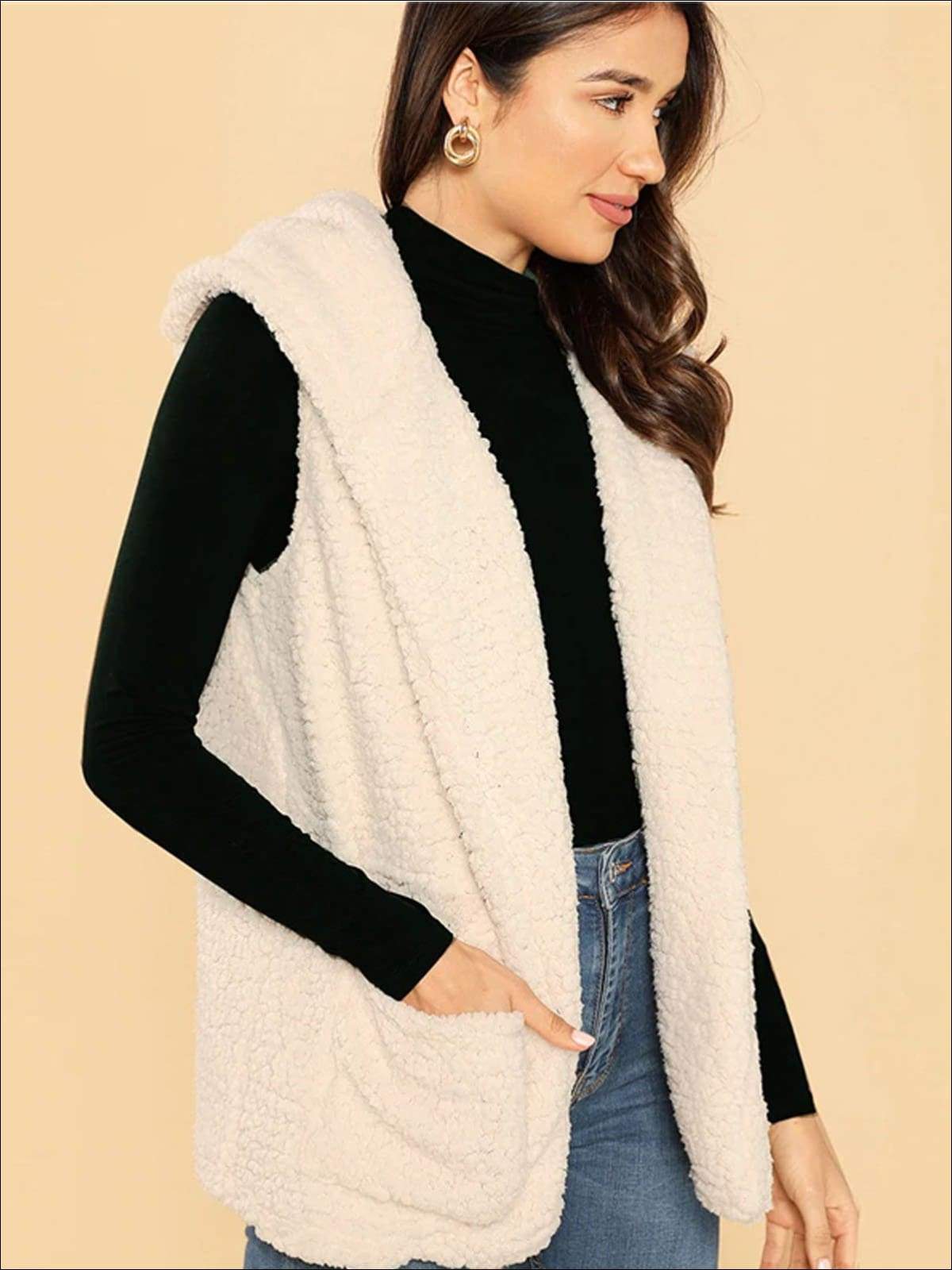Womens Fashion Hooded Vest with Side Pockets - Beige / XS - Womens Fall Outerwear