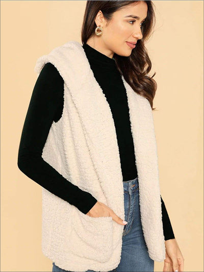 Womens Fashion Hooded Vest with Side Pockets - Beige / XS - Womens Fall Outerwear