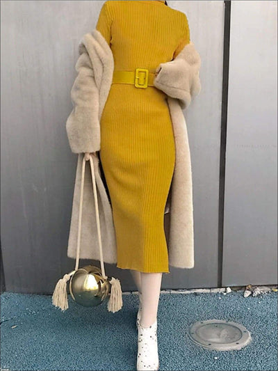 Womens Fashion Knit Bodycon Belted Sweater Dress - Womens Fall Dresses