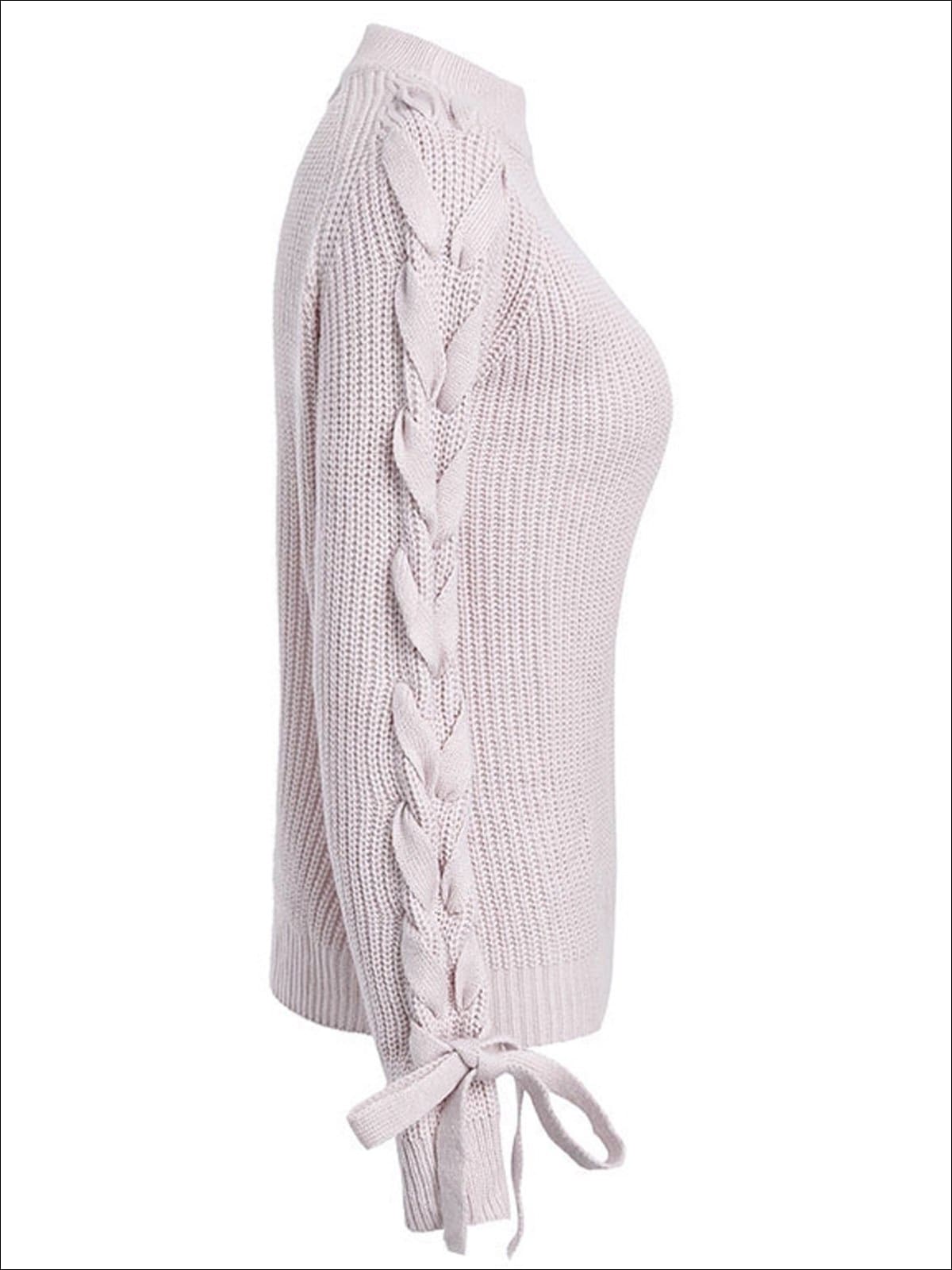 Womens Fashion Lace Up Cozy Knitted Sweater - Womens Fall Sweaters