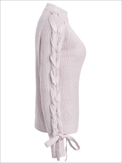 Womens Fashion Lace Up Cozy Knitted Sweater - Womens Fall Sweaters