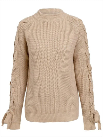 Womens Fashion Lace Up Cozy Knitted Sweater - Brown / One Size - Womens Fall Sweaters
