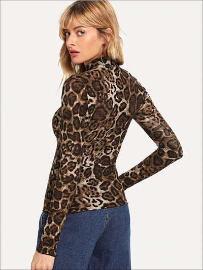 Womens Fashion Leopard Print Long Sleeve Blouse - Womens Tops