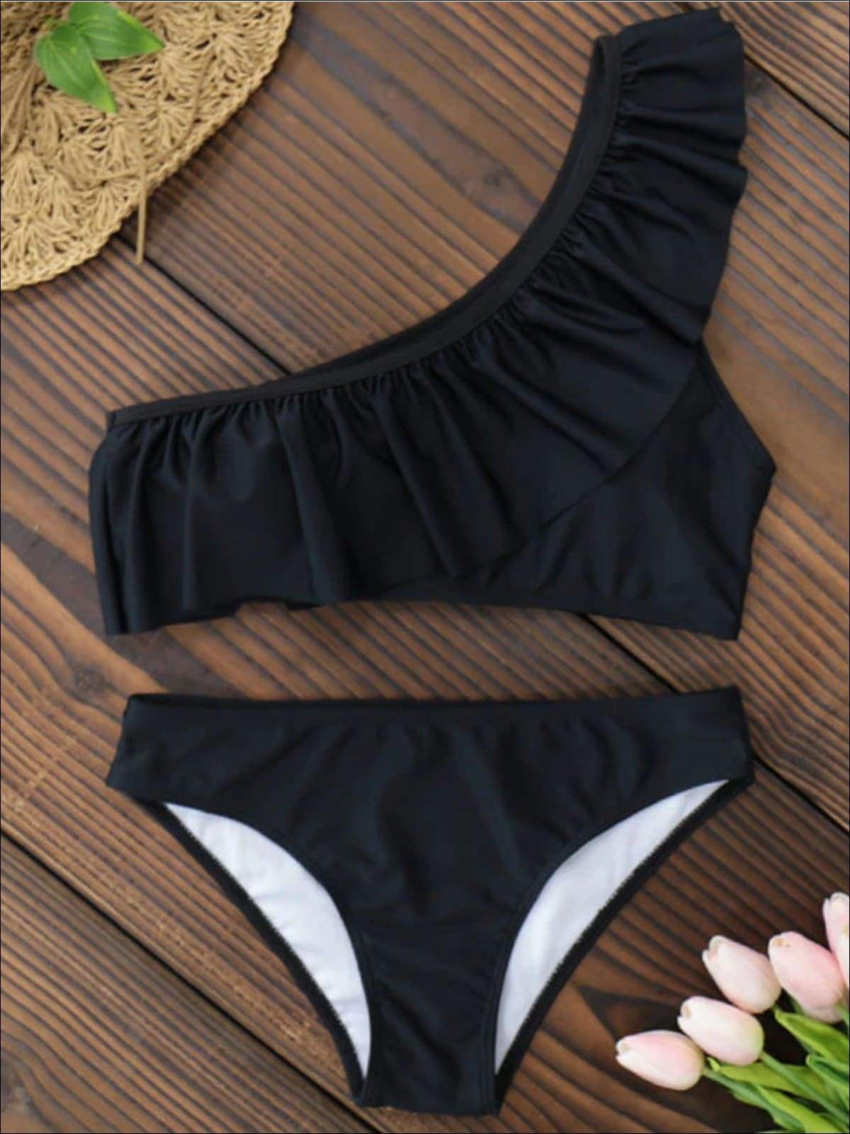 Womens Fashion One Shoulder Ruffle Chic Two Piece Swimsuit - Black / S - Womens Swimsuit