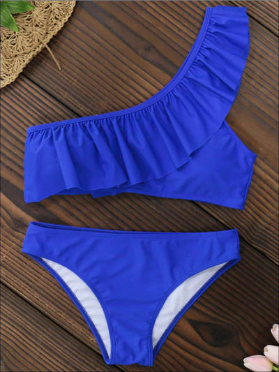 Womens Fashion One Shoulder Ruffle Chic Two Piece Swimsuit - Blue / S - Womens Swimsuit