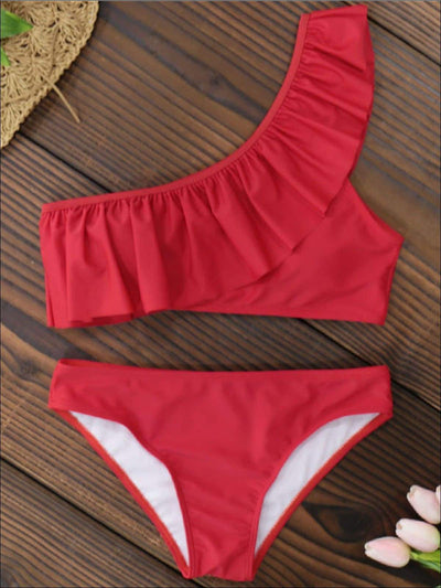 Womens Fashion One Shoulder Ruffle Chic Two Piece Swimsuit - Red / S - Womens Swimsuit