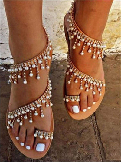 Womens Faux Pearl Crystal Embellished Greek Sandals - Womens Sandals