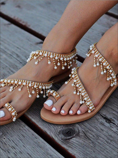 Womens Faux Pearl Crystal Embellished Greek Sandals - Womens Sandals