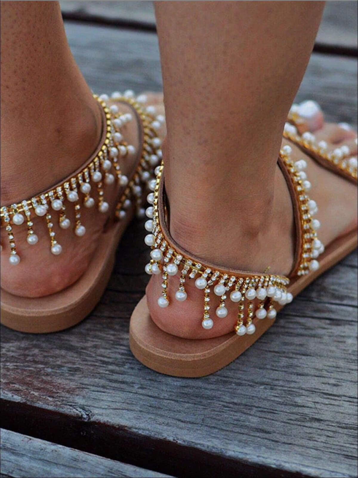 Womens Faux Pearl Crystal Embellished Greek Sandals - Womens Sandals