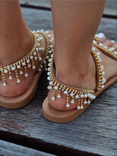 Womens Faux Pearl Crystal Embellished Greek Sandals - Womens Sandals