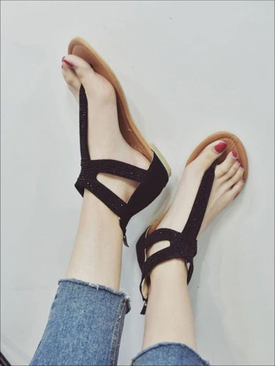 Womens Faux Suede T-Strap Flat Sandals With Rhinestone Appliques - Womens Sandals