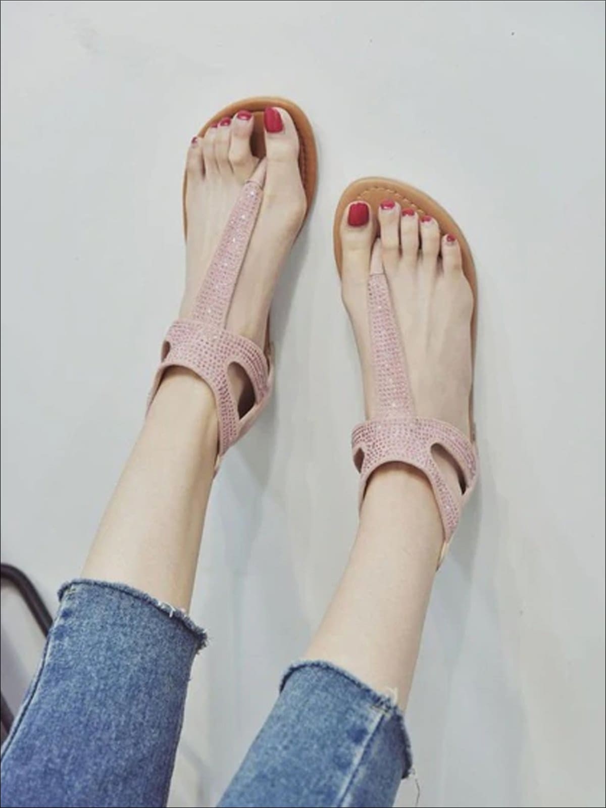 Womens Faux Suede T-Strap Flat Sandals With Rhinestone Appliques - Pink / 4 - Womens Sandals