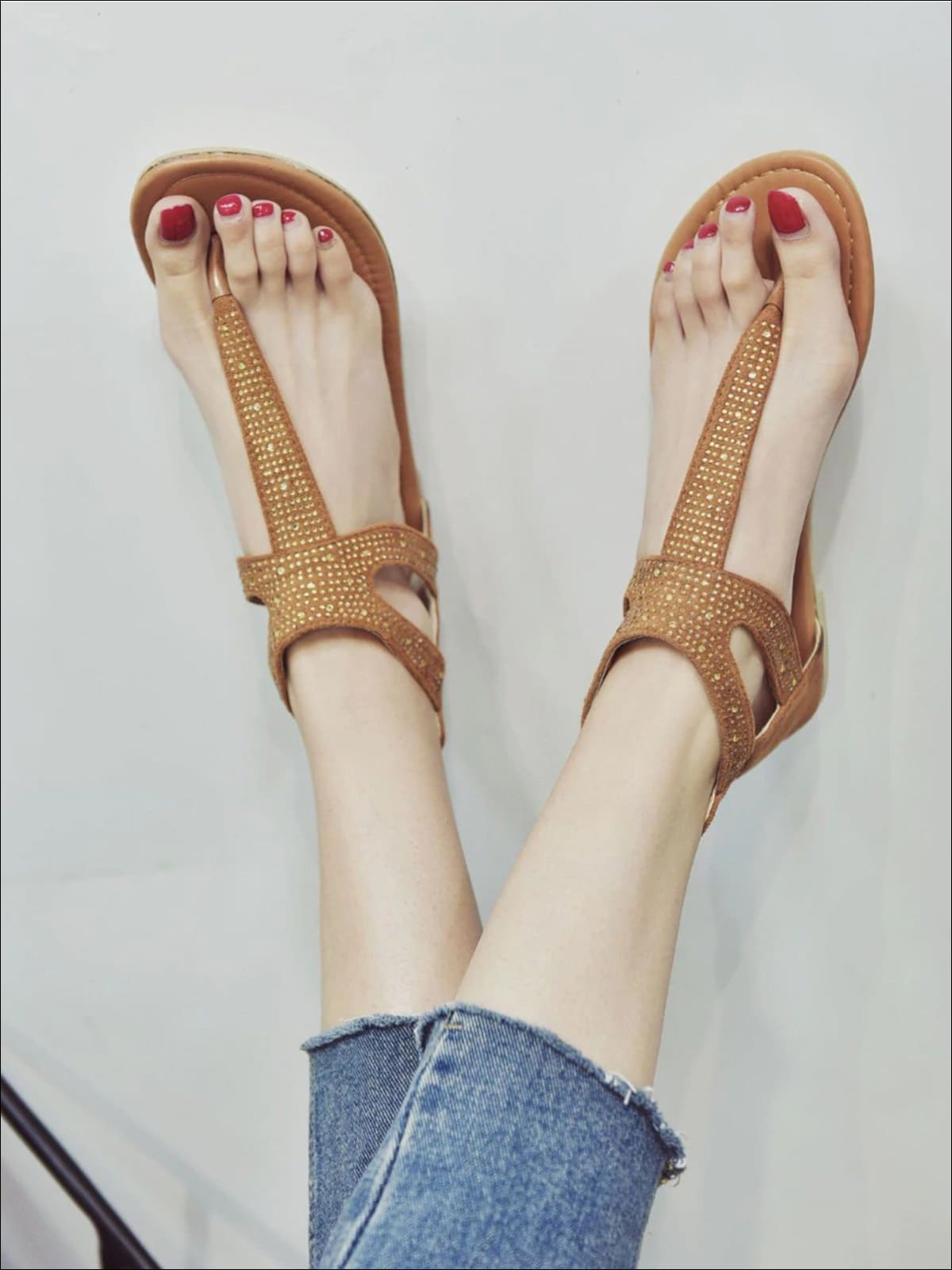 Womens Faux Suede T-Strap Flat Sandals With Rhinestone Appliques - Yellow / 4 - Womens Sandals