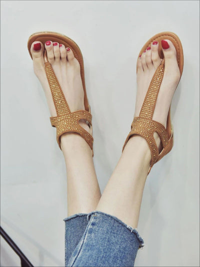 Womens Faux Suede T-Strap Flat Sandals With Rhinestone Appliques - Yellow / 4 - Womens Sandals