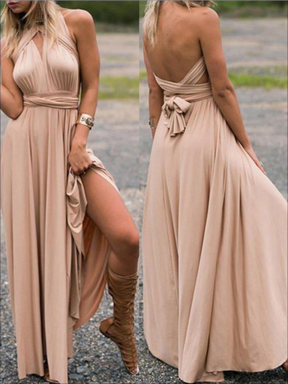 Womens Fit And Flare Infinity Convertible Wrap Dress (Multicolor Options) - Beige / S - Womens Dresses