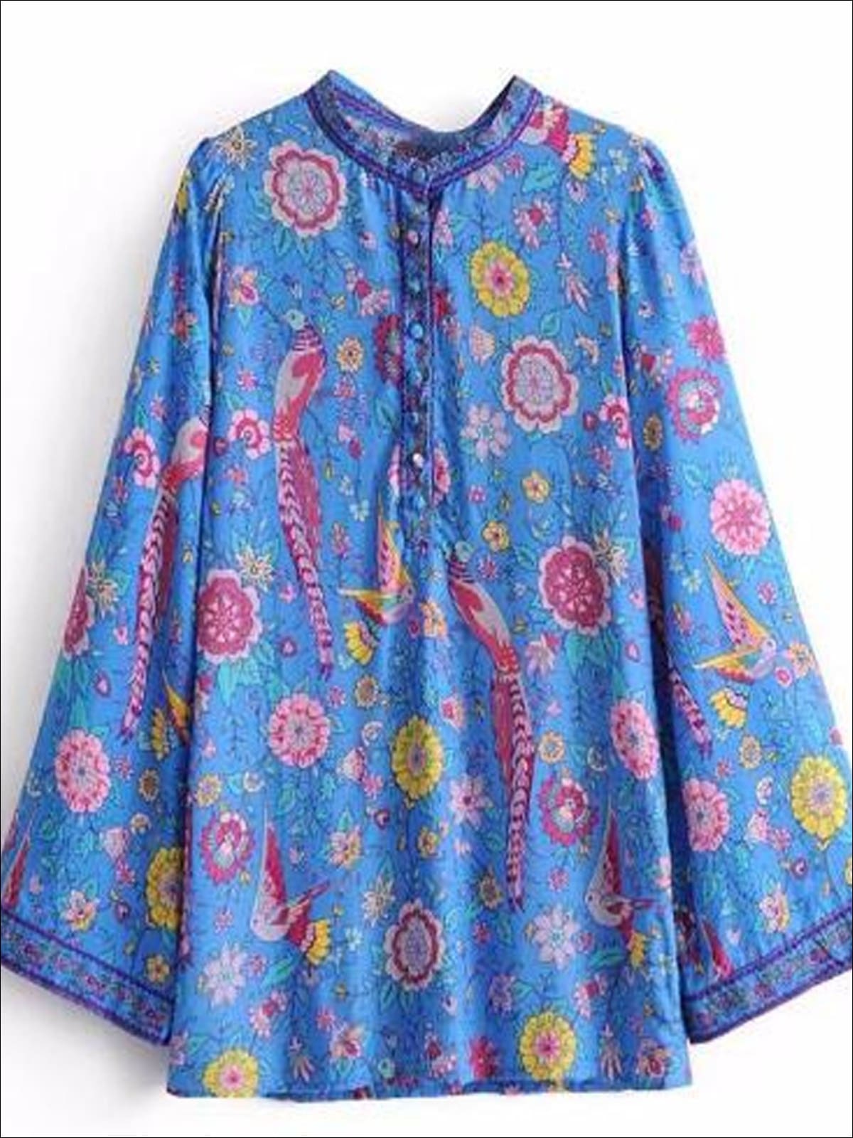 Womens Flare Long Sleeve Button Up Bohemian Blouse - Blue / S - Womens Tops
