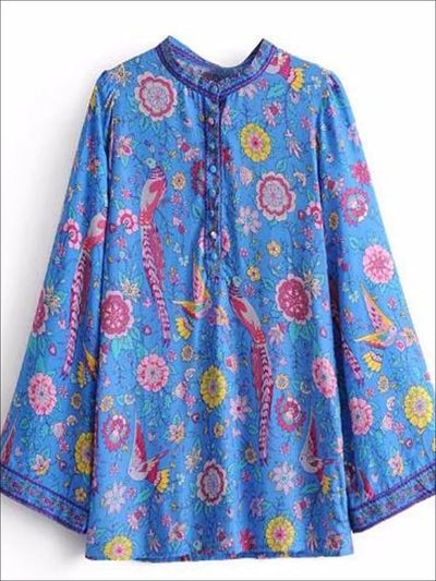 Womens Flare Long Sleeve Button Up Bohemian Blouse - Blue / S - Womens Tops