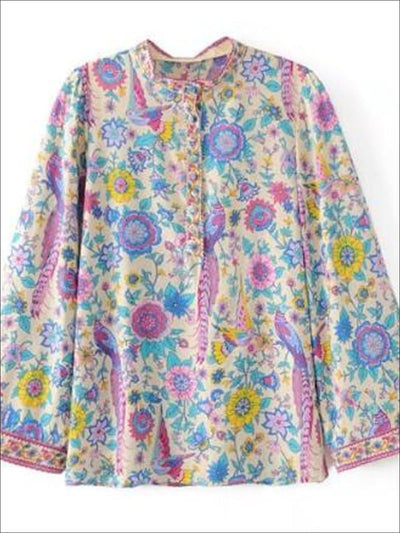 Womens Flare Long Sleeve Button Up Bohemian Blouse - White / S - Womens Tops