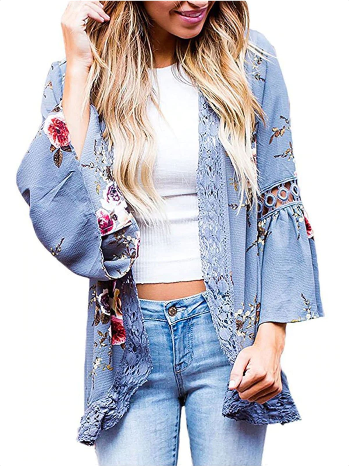 Womens Flare Sleeve Floral Kimono With Embroidery Detail - Blue / S - Womens Outerwear