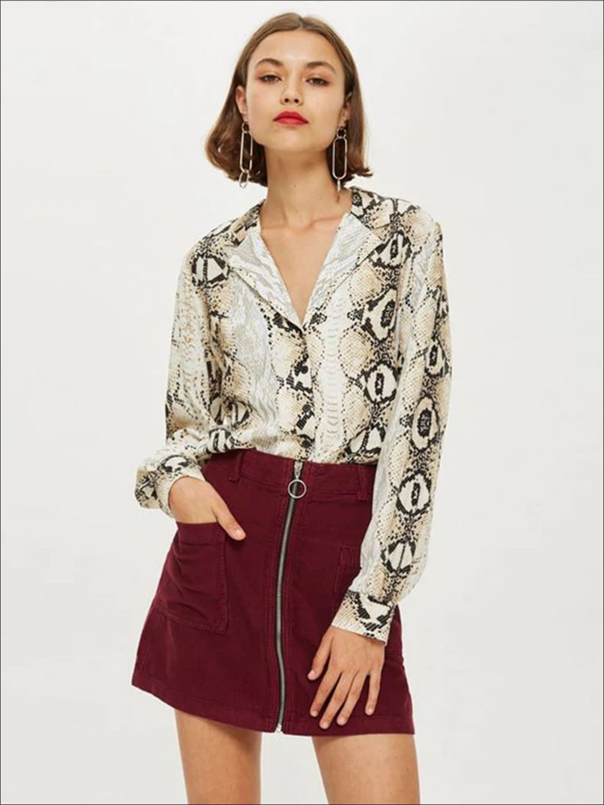 Womens Flat Collar Animal Print Button Down Blouse - Womens Tops
