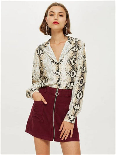 Womens Flat Collar Animal Print Button Down Blouse - Womens Tops