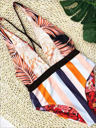 Womens Floral Cross Back Monokini - Orange / S - Womens Swimsuit